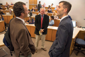 (From left) Simon Perez, Frank Currier and Scott MacFarlane, Newhouse broadcast and digital journalism professors and Cox Television correspondent, respectively, talk at MacFarlane's lecture. He spoke about the strategies behind getting a story and getting a job. He gave three traits that students need to be successful in the field of journalism. He said students must be enterprising, resourceful and respectful.