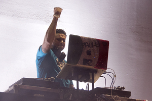 DJ Pauly D raises a fist to get the audience dancing last Thursday night in Goldstein Auditorium. 