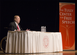 Larry Flynt, Hustler magazine publisher and a free speech advocate, speaks at Goldstein Auditorium on Tuesday night. Flynt was paralyzed from the waist down after a man got angry at him for publishing an interracial photo in Hustler and attempted to assassinate him.