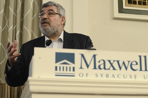 Rami Khouri, editor-at-large for The Daily Star in Beirut, discusses Western media bias in Maxwell Auditorium Wednesday. Khouri identified shortcomings of US media coverage of events in Palestine.