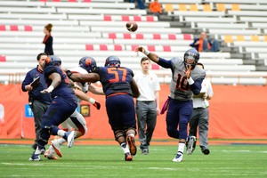 Quarterback Terrel Hunt fires a pass downfield on Saturday.