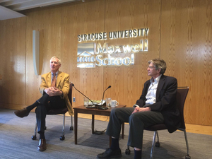 (From left) William Banks, interim dean of Syracuse University's College of Law, and James Steinberg, dean of the Maxwell School for Citizenship and Public Affairs, talked about Banks' book 