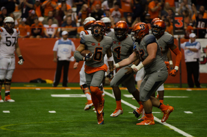 Rodney Williams celebrates after a key interception on Saturday. SU's season took a massive turn in the Orange's favor with the win over Virginia Tech.