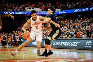 Matthew Moyer drives on a Pittsburgh defender in Syracuse's most recent victory. 