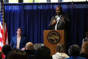 Police Chief Kenton Buckner speaks at a 