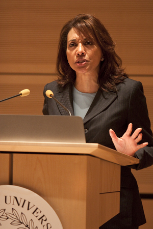 Cynthia Tucker, a Pulitzer Prize winning journalist, talks to an audience in the Joyce Hergenhan Auditorium on Monday night about the ways new media has made it more difficult to find hard facts.