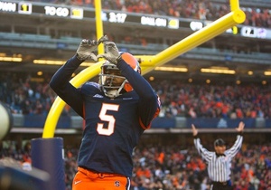 Marcus Sales throws up a diamond sign after scoring a touchdown in SU's Pinstripe Bowl win. It was a point brought up by Kansas State wide receiver Adrian Hilburn when discussing a controversial celebration penalty called on him late in the fourth quarter.