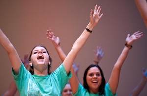 (From left) Rachel Free and Sarah Bogden, a freshman communications design major and undecided sophomore in the College of Arts and Sciences, respectively, dance during an FYP performance at the 44 Stars of Excellence Gala Tuesday evening.