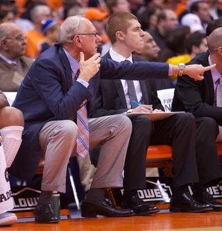 Syracuse University head coach Jim Boehim directs traffic from the bench during Syracuse University's rout of Long Beach State. 