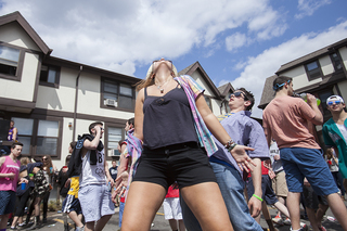 Natalie Garland (left) and Danny Donateli (right), sophomores, dance outside of Castle's Court, Friday afternoon.