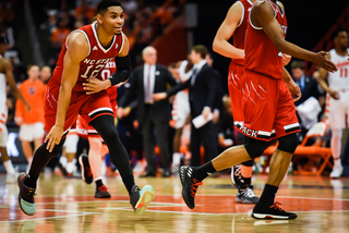 Allerik Freeman celebrates a made NCSU field goal. 