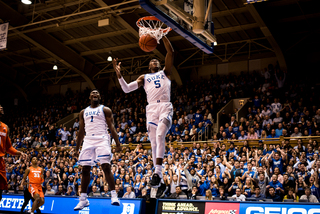 Duke freshman RJ Barrett, the leading scorer in the ACC, rises up for a jam. 