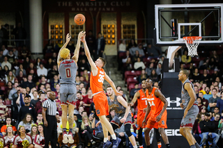 Ky Bowman shooting over Buddy Boeheim. Bowman finished with 21 points. 